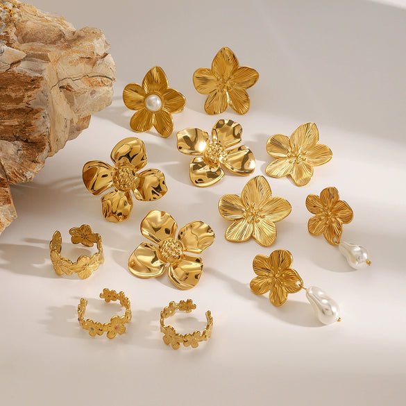 Stainless Steel Pearl Flower Geometric Earrings Electroplating Jewelry