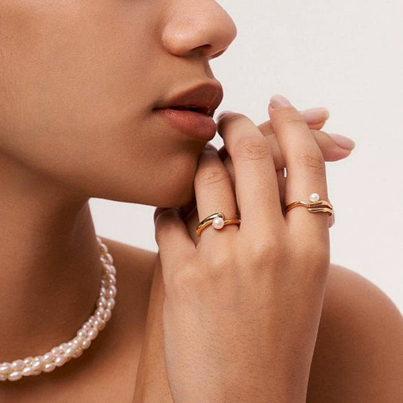 Stainless Steel Pearl Geometric Ring With Electroplating For Women