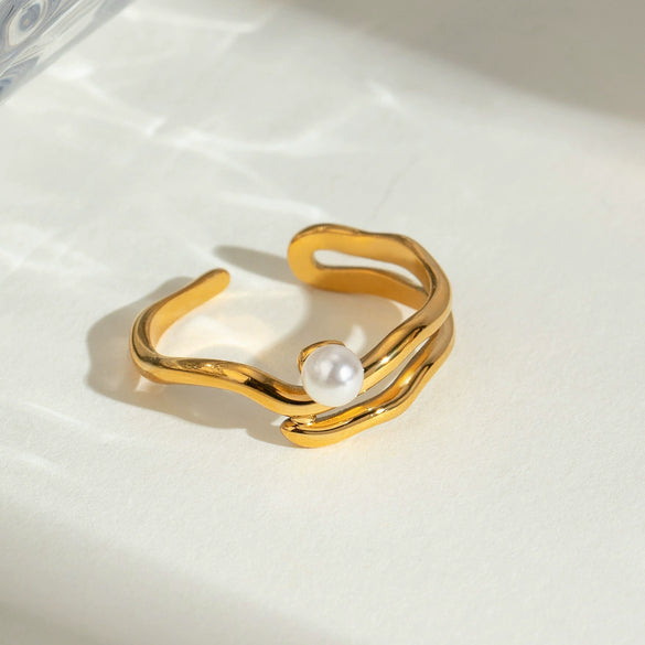 Stainless Steel Pearl Geometric Ring With Electroplating For Women