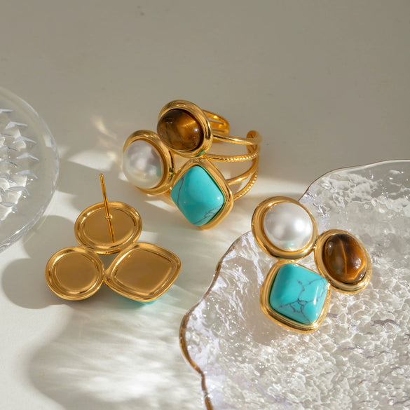 Stainless Steel Pearl Natural Stone Tiger Eye Geometric Earrings With Electroplating For Women