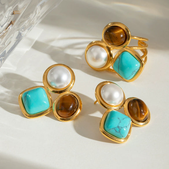 Stainless Steel Pearl Natural Stone Tiger Eye Geometric Earrings With Electroplating For Women