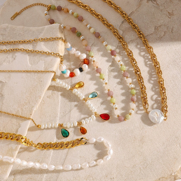 Stainless Steel Pearl Necklace With Geometric Pendant And Electroplating For Women