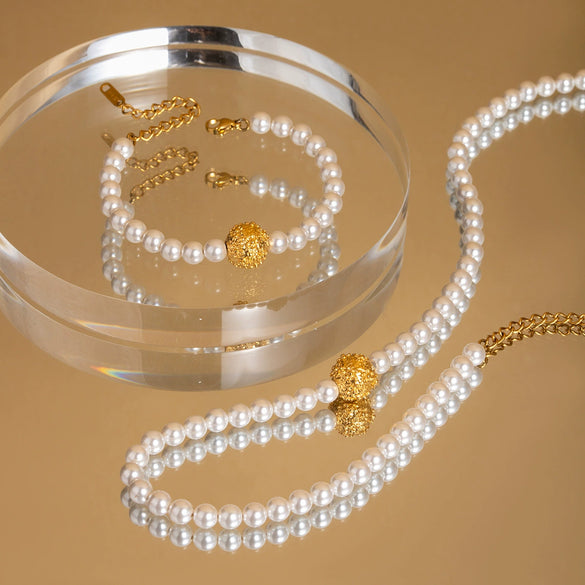 Stainless Steel Pearl Necklace With Geometric Pendant And Electroplating For Women
