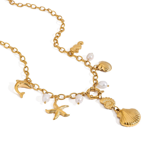 Stainless Steel Pearl Ocean Wind Dolphin Seahorse Hammer Starfish Geometric Necklace With Electroplating For Women