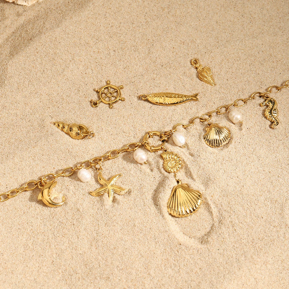 Stainless Steel Pearl Ocean Wind Dolphin Seahorse Hammer Starfish Geometric Necklace With Electroplating For Women