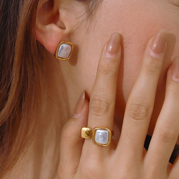 Stainless Steel Pearl Ring And Titanium Steel Non Fading Earrings With Geometric Pattern And Electroplating For Women