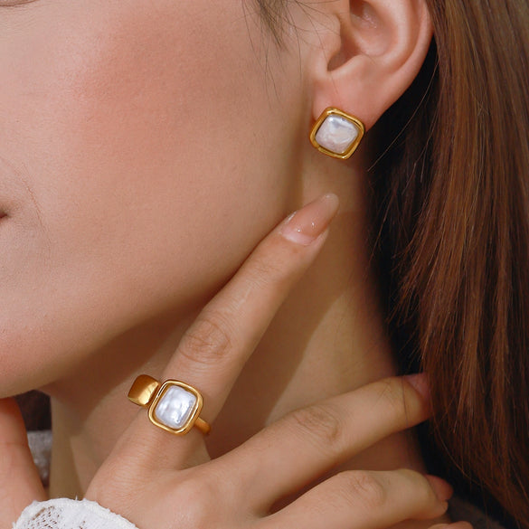 Stainless Steel Pearl Ring And Titanium Steel Non Fading Earrings With Geometric Pattern And Electroplating For Women