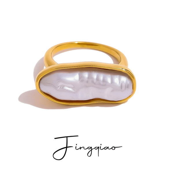 Stainless Steel Pearl Ring Geometric Style Electroplating Women's Hand Jewelry