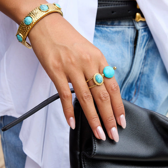Stainless Steel Pearl Ring 18K Gold Plated Geometric French Retro Light Luxury Niche Jewelry