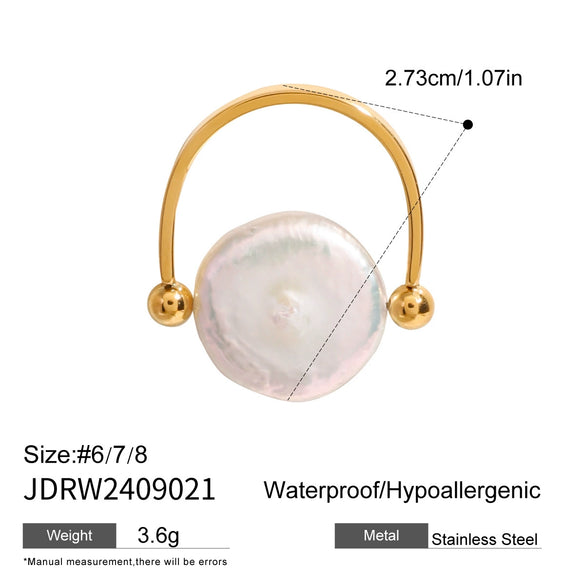 Stainless Steel Pearl Ring 18K Gold Plated Geometric French Retro Light Luxury Niche Jewelry