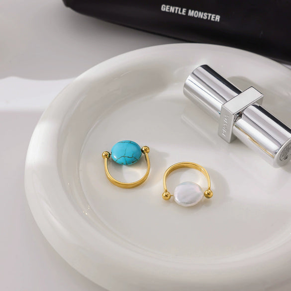 Stainless Steel Pearl Ring 18K Gold Plated Geometric French Retro Light Luxury Niche Jewelry