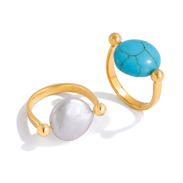 Stainless Steel Pearl Ring 18K Gold Plated Geometric French Retro Light Luxury Niche Jewelry