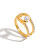 Stainless Steel Pearl Ring With White Diamond Inlaid Geometric Style 18K Gold Electroplated Jewelry