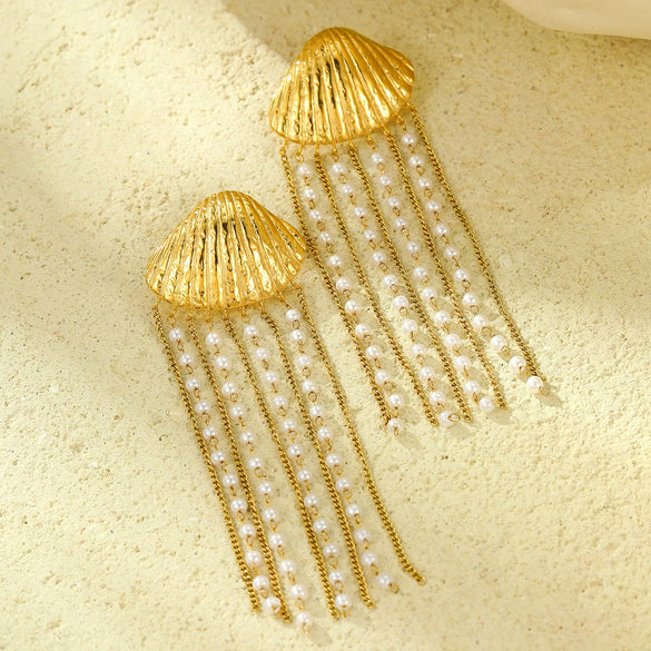 Stainless Steel Pearl Tassel Earrings Electroplating Fashionable Allmatch Light Luxury Highend Women's