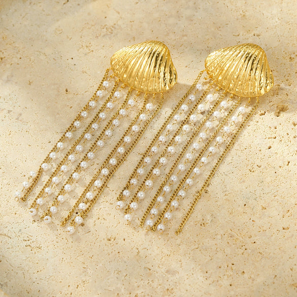 Stainless Steel Pearl Tassel Earrings Electroplating Fashionable Allmatch Light Luxury Highend Women's