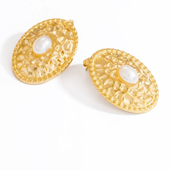Stainless Steel Pearl Wave Circle Women's Electroplated Earrings