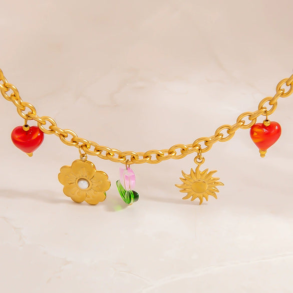 Stainless Steel Pearl Women's Bracelet With Oildrip Flower Pendant Fruit Pattern Electroplating Jewelry