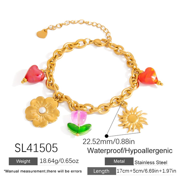 Stainless Steel Pearl Women's Bracelet With Oildrip Flower Pendant Fruit Pattern Electroplating Jewelry