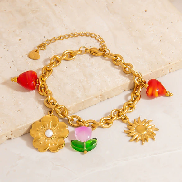 Stainless Steel Pearl Women's Bracelet With Oildrip Flower Pendant Fruit Pattern Electroplating Jewelry