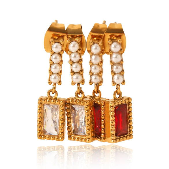 Stainless Steel Pearl Zircon Earrings Geometric Style Jewelry For Women
