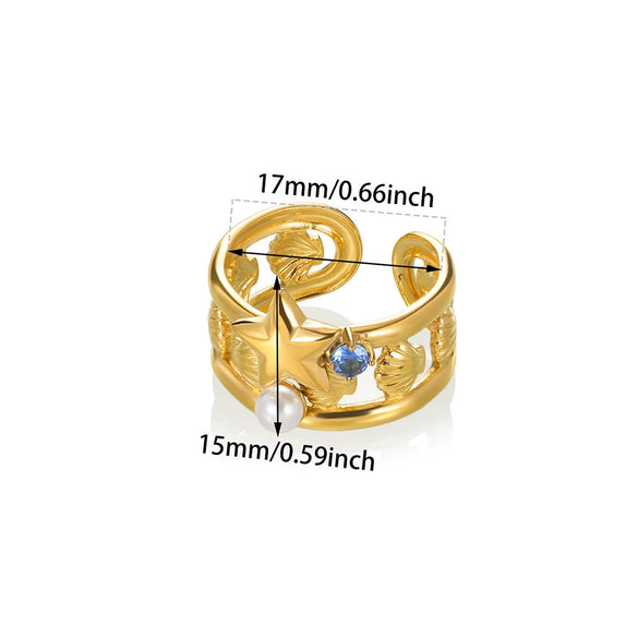 Stainless Steel Pearl Zircon Geometric Hollow Opening Ring For Women Electroplated
