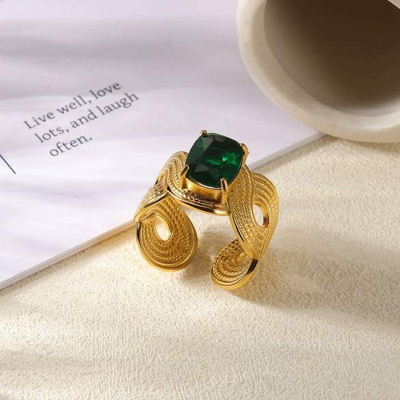 Stainless Steel Pearl Zircon Geometric Hollow Opening Ring For Women Electroplated