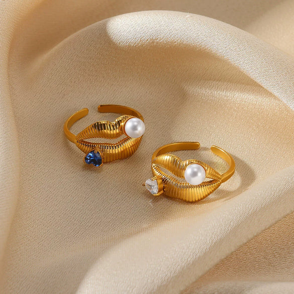 Stainless Steel Pearl Zircon Geometric Hollow Opening Ring For Women Electroplated