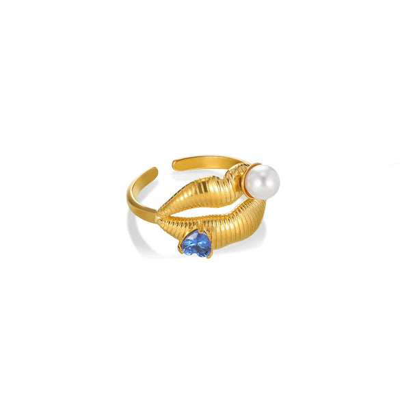 Stainless Steel Pearl Zircon Geometric Hollow Opening Ring For Women Electroplated