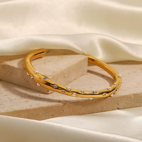 Stainless Steel Pearl Zircon Open Bracelet Electroplated Design Style