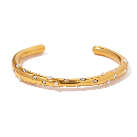 Stainless Steel Pearl Zircon Open Bracelet Electroplated Design Style