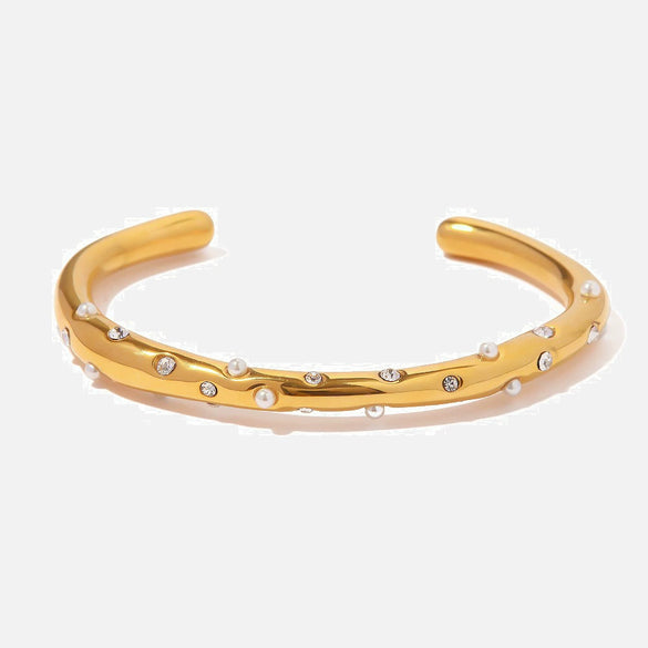 Stainless Steel Pearl Zircon Open Bracelet Electroplated Design Style