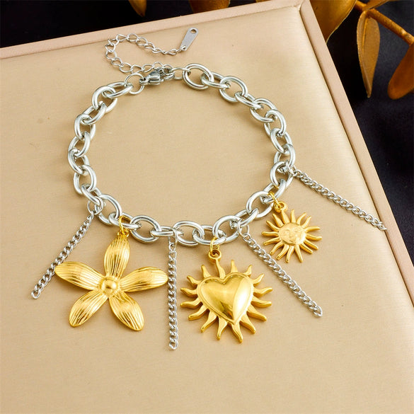 Stainless Steel Pendant Bracelet With Animal Zodiac And Flower Patterns Electroplated For Women