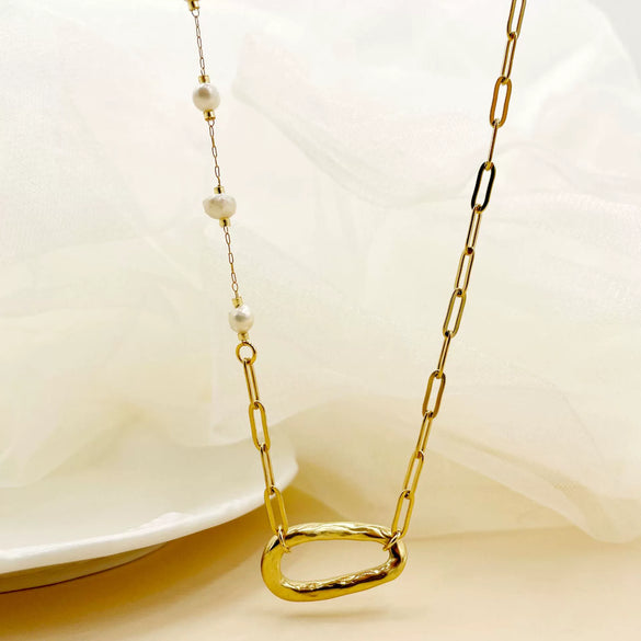 Stainless Steel Pendant Fashion Clavicle Chain Jewelry With Freshwater Pearl And 14K Gold Plated Electroplating