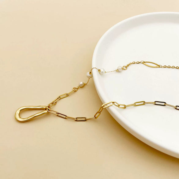Stainless Steel Pendant Fashion Clavicle Chain Jewelry With Freshwater Pearl And 14K Gold Plated Electroplating
