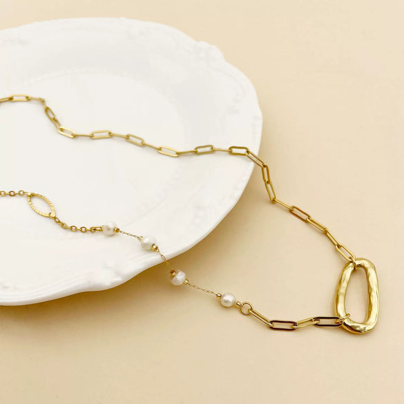Stainless Steel Pendant Fashion Clavicle Chain Jewelry With Freshwater Pearl And 14K Gold Plated Electroplating
