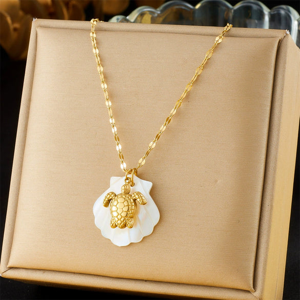 Stainless Steel Pendant Necklace Beach Ocean Style Gold Plated With Starfish Conch Shell Turtle Animal Zodiac Design
