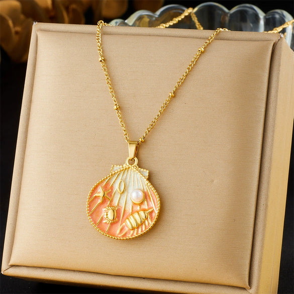Stainless Steel Pendant Necklace With Cute Cartoon Gradient Oil Drop Multicolor Shell Marine Life Animal Zodiac Pattern And Inlaid With Gold Design