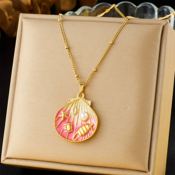 Stainless Steel Pendant Necklace With Cute Cartoon Gradient Oil Drop Multicolor Shell Marine Life Animal Zodiac Pattern And Inlaid With Gold Design