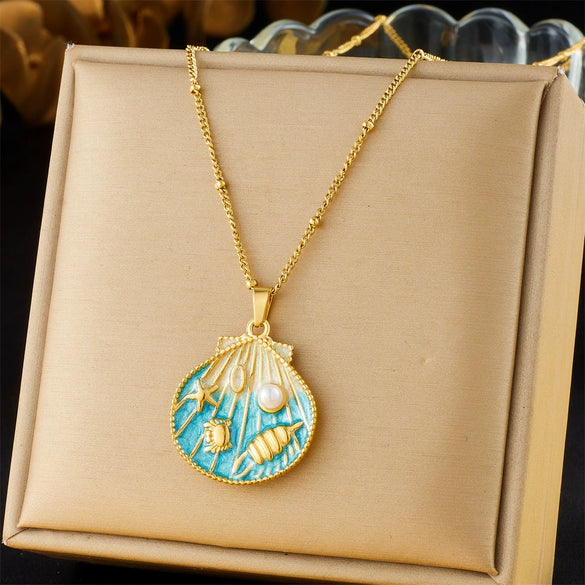 Stainless Steel Pendant Necklace With Cute Cartoon Gradient Oil Drop Multicolor Shell Marine Life Animal Zodiac Pattern And Inlaid With Gold Design