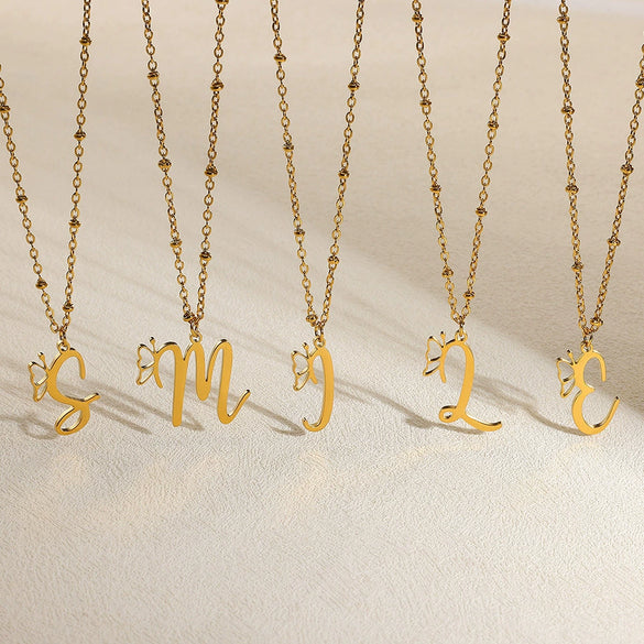 Stainless Steel Pendant Necklace With English Letters And Butterfly Design Electroplated For Women Wholesale