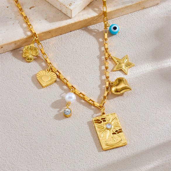 Stainless Steel Pendant Necklace With Goldplated Heart And Star Shapes Electroplated Processing For Women