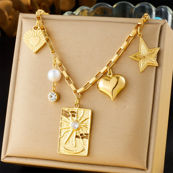 Stainless Steel Pendant Necklace With Goldplated Heart And Star Shapes Electroplated Processing For Women