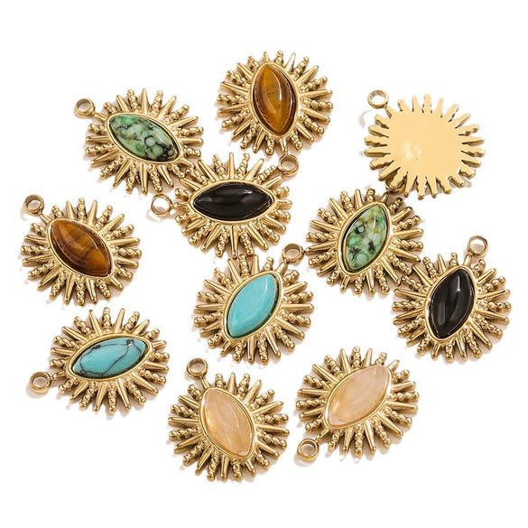 Stainless Steel Pendant With Natural Stone Inlay Totem Pattern Bohemia Style Water Drop Shape