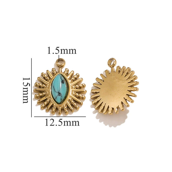 Stainless Steel Pendant With Natural Stone Inlay Totem Pattern Bohemia Style Water Drop Shape