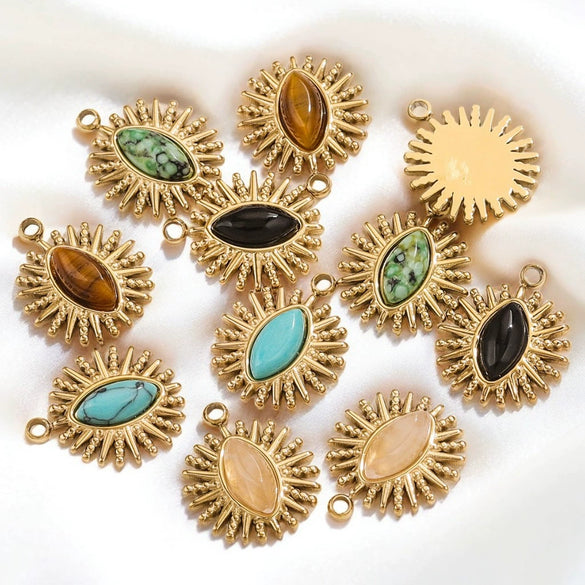 Stainless Steel Pendant With Natural Stone Inlay Totem Pattern Bohemia Style Water Drop Shape