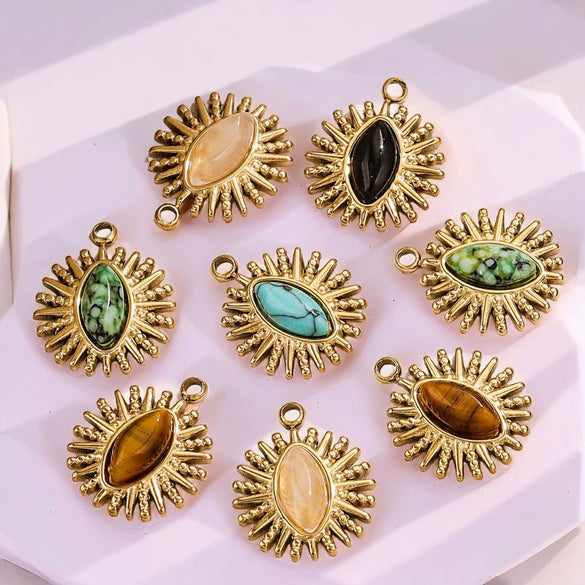 Stainless Steel Pendant With Natural Stone Inlay Totem Pattern Bohemia Style Water Drop Shape