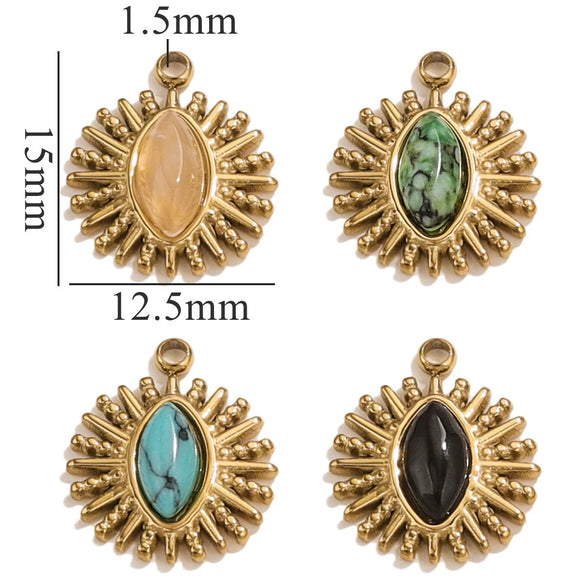 Stainless Steel Pendant With Natural Stone Inlay Totem Pattern Bohemia Style Water Drop Shape