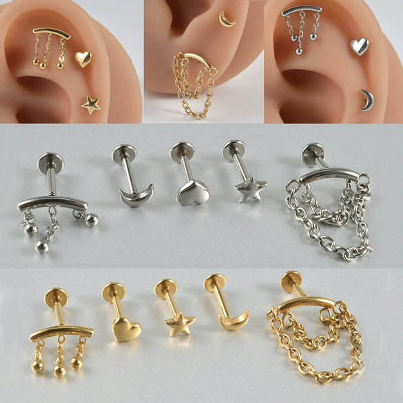 Stainless Steel Perforated Lip Nail Fivestar Heart Moon Chain Earrings Electroplated Simple Style