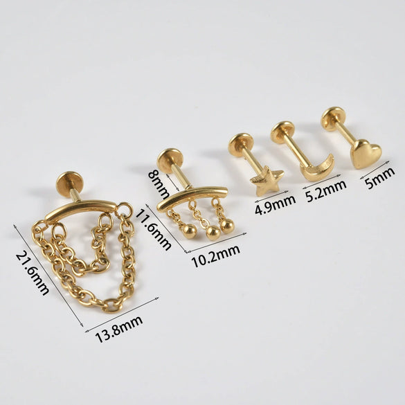Stainless Steel Perforated Lip Nail Fivestar Heart Moon Chain Earrings Electroplated Simple Style