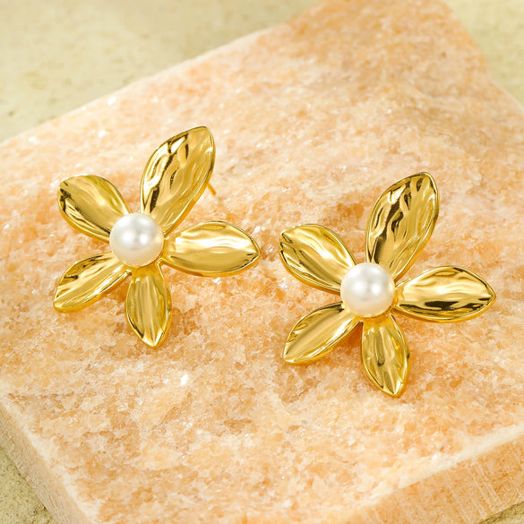 Stainless Steel Petal Texture Pearl Fashion Titanium Steel Earrings Jewelry Electroplated